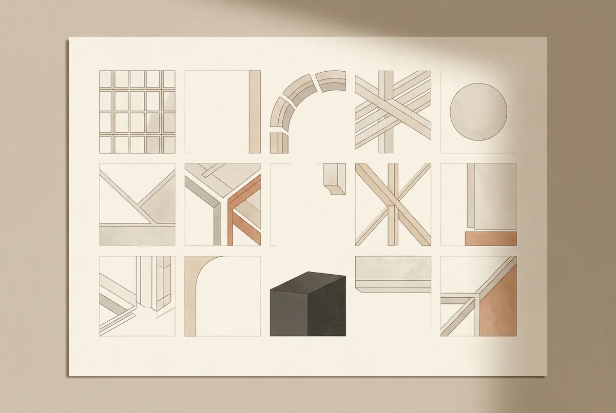 Composition abstraite de formes architecturales géométriques — réflexion et artisanat digital